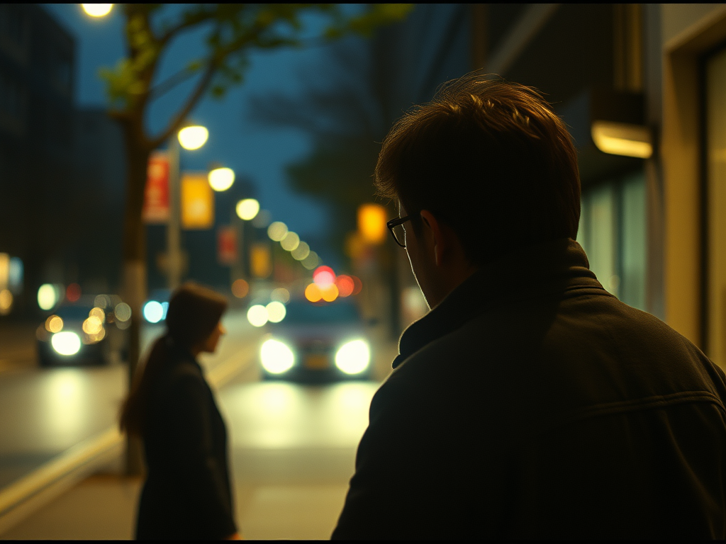 A person standing in a dimly lit street, looking toward another figure in the distance. The scene is illuminated by street lamps and car headlights, creating a moody atmosphere.