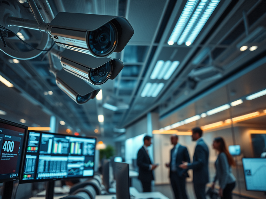 Three security cameras mounted in an office setting, with blurred figures of professionals discussing in the background and multiple computer screens displaying data.